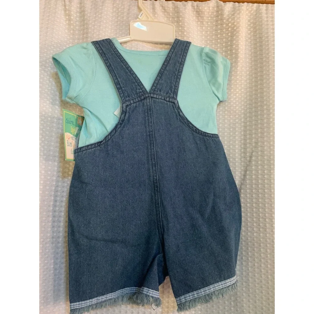 Brooks Fitch Baby Girls 12M Denim Floral Overalls &‎ Mint T-Shirt 2pc Set NWT